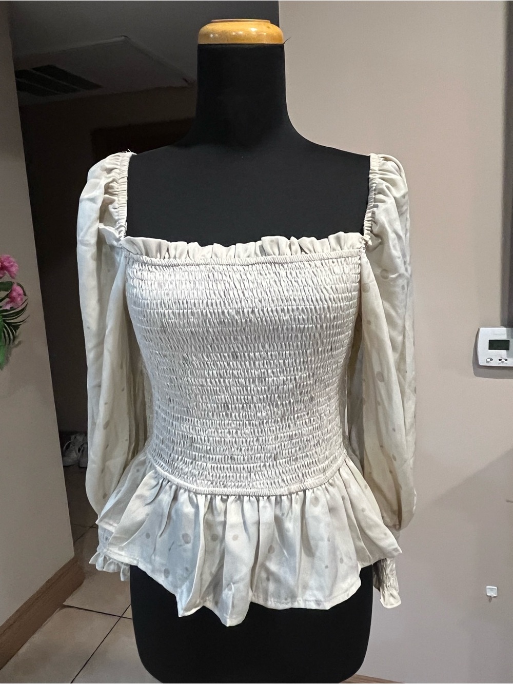 mine Ivory Smocked Peplum Long-Sleeve Blouse